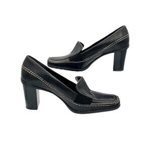 What’s What by Aerosoles Black Leather Heeled Loafers Block Heel 6 Academia